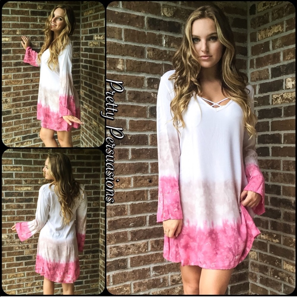 Blush White Tan Tie Dyed Long Bell Sleeve Dress - Picture 2 of 8